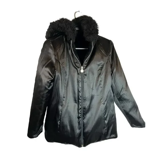 Susan Graver Black Reversible Coat Jacket Faux Fur Satin Hood S Small - Picture 3 of 13